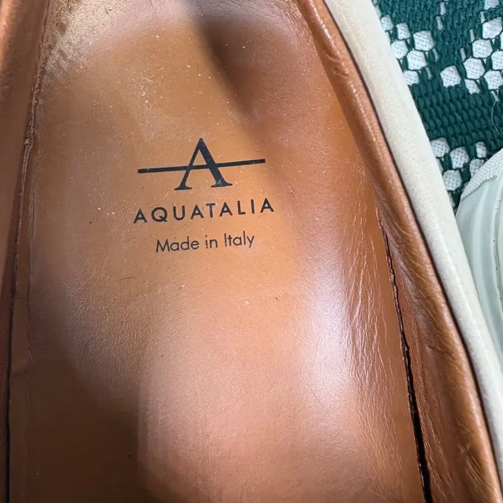 Aquatalia Ashlynn Embossed Calf Size 7 Cream/Grey Woven Leather Made Italy